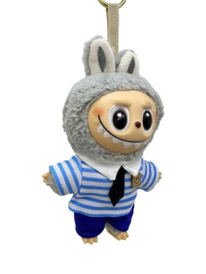 Breloc de plus Labubu gri cu costum bleu in dungi foto