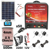 Kit pachet gard electric 14 Joule 12 220V panou solar 30W 500m 50 izolatori (BK87613-500-4mm-30W)