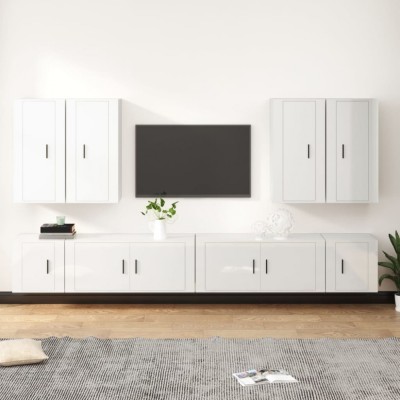 Set dulap TV, 8 piese, alb extralucios, lemn prelucrat foto