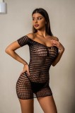 Rochie Mini cu Maneci Scurte, Negru, S-L