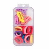 Cumpara ieftin Set accesorii par 18 elastice 1.5 cm si 6 cleme 3 cm, colorate, cutie organizator transparenta
