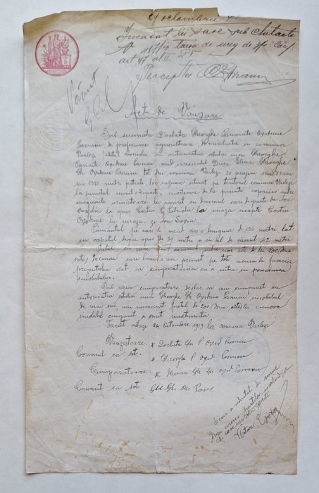 Act de v&acirc;nzare Rom&acirc;nia 1913 &ndash; V&acirc;rlezi Covurlui &ndash; timbre fiscale Carol I