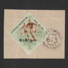 Labdarug&oacute; 6-3 (Fotbal 6-3) Pe fragment Stampila Prima Zi LP1400 Ungaria 1953