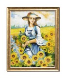Cumpara ieftin Tablou tanara in lan de floarea soarelui pictat manual inramat, 55x45cm ulei pe panza, rama din lemn, Constantin Feraru