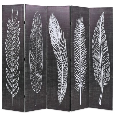 Paravan cameră pliabil, negru&amp;amp;alb, 200 x 170 cm, imprimeu pene foto