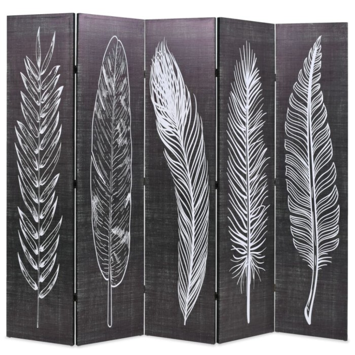 Paravan cameră pliabil, negru&amp;alb, 200 x 170 cm, imprimeu pene