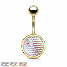 Piercing pentru buric din oțel - piatră strălucitoare cu model de dragon - Culoare Piercing: Auriu, Culoare zirconiu piercing: Roz - P