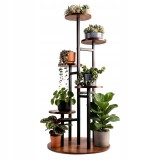 Suport pentru flori si plante cu 6 niveluri,design vertical tip turn,structura metalica,polite cu aspect de lemn,baza stabila cu diametru de 39 cm