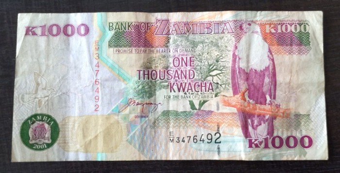 Bancnota Zambia - 1000 Kwacha 2001 - An mai rar