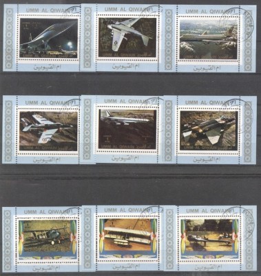 Umm al Qiwain 1973 Aviation, 9 perf. mini sheet, used T.198 foto