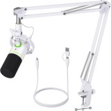 Cumpara ieftin Microfon Profesional USB/XLR cu Brat Ajustabil, Cardioid, RGB, Mute, Reducere Zgomot, pentru Streaming, YouTube, TikTok, Gaming, Podcast, Alb