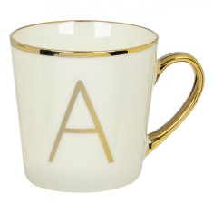 Cană New Bone, 460ml, Litera A, Ecru, Margine și M&acirc;ner Auriu