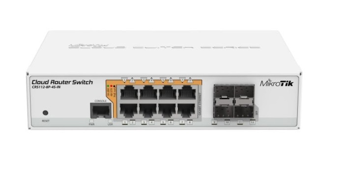 Management Switch, 8 x Gigabit cu PoE-out, 4 x SFP - Mikrotik CRS112-8P-4S-IN