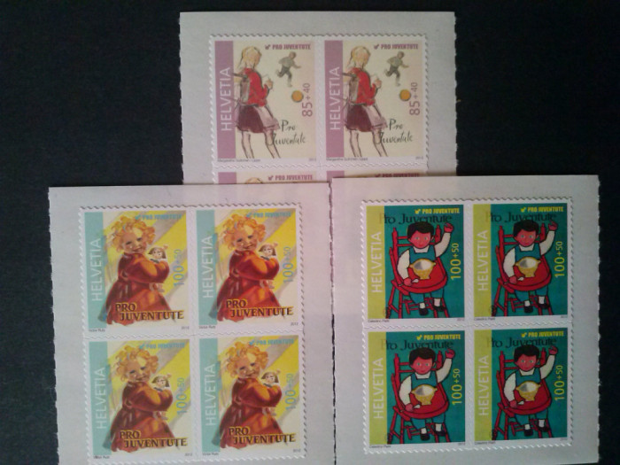 ELVETIA 2012 PRO JUVENTUTE Serie 3 timbre autoadezive, in bloc de 4 Mi.2274-76