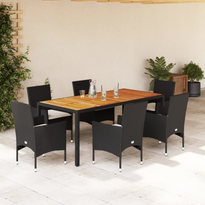 vidaXL Set mobilier grădină perne 7 piese negru poliratan/lemn acacia 3278667