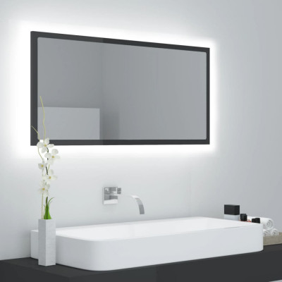 Oglindă de baie cu LED, gri extralucios, 90x8,5x37 cm, acril foto