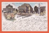 AMS @ - SALUTARI DIN BUCURESTI, ATENEUL, TEATRUL NATIONAL, DOAMNA BALASA litografie 1901 - CIRCULATA