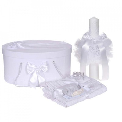 Set trusou botez, cutie trusou si lumanare, decor elegant dantela Alba, foto