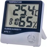 Stație Meteo cu Ceas HTC-1, Afișaj LCD Mare, Măsurare Temperatură și Umiditate, Funcție Alarmă și Dată, Alimentare pe Baterii