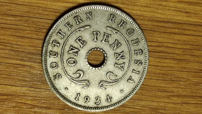 Southern Rhodesia de Sud -raritate exotica- 1 penny 1934 stare f buna -George V foto