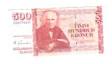 Bancnota Islanda 500 kronur 22 mai 2001 (2013 dupa semnatura MG), circulata, un pic sifonata