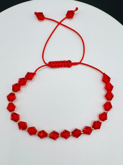 Bratara cu 12 de bile de Aur 14k, cristale semipretioase rosii, snur reglabil, dama
