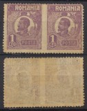 ROMANIA Ferdinand uzuale tip Bust Mic 1920 timbru 1 Leu eroare pereche orizontala nedantelata la mijloc MNH