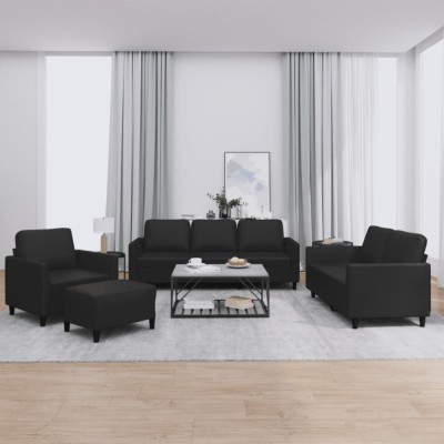 vidaXL Set de canapele cu perne, 4 piese, negru, piele ecologică foto