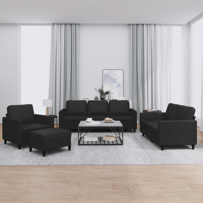 vidaXL Set de canapele cu perne, 4 piese, negru, piele ecologică