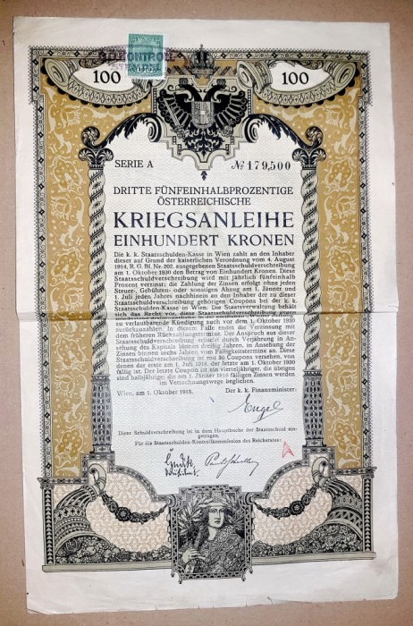 F326-I-Actiuni Austria 1915 1 Razboi mondial-Kriegsanleihe 100 Koroane-15 cupon