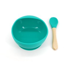Set 2 piese diversificare bebelusi si copii din silicon, bol cu ventuza, lingurita din lemn si silicon, pentru gustari, fara alergeni, verde