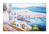 Cumpara ieftin Tablou gigant Mykonos, Grecia pictat manual, Priveliste catre port, 120x80cm ulei pe panza, Valentin Pop