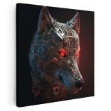 Tablou cap lup cibernetic cu ochi rosii stralucitori, gri, rosu 1634 Tablou canvas pe panza CU RAMA 100x100 cm