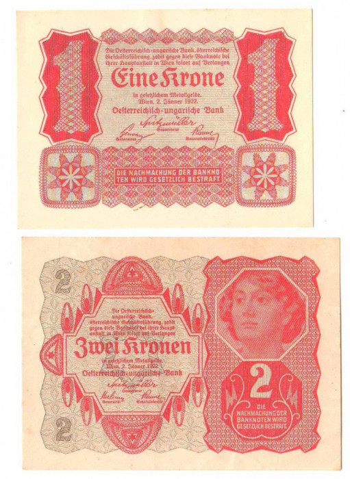 SV * Austria LOT 1 KRONE (UNC) + 2 KRONEN (-AUNC) 1922 * unifata