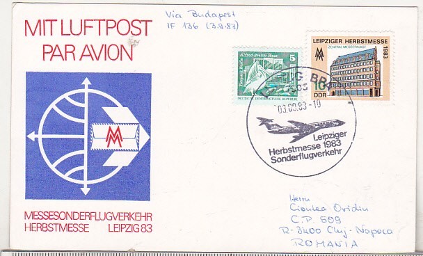 bnk cp Germania RDG - carte postala Leizig 1983 - stampila ocazionala aviatie - circulata spre Romania