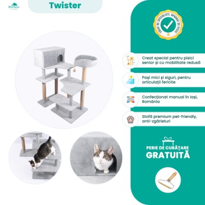 Twister - Ansamblu joaca pisici in varsta, Alb Cenusiu, 105cm Inaltime foto