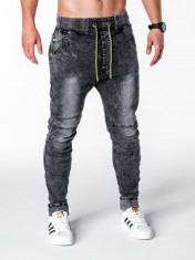 Blugi pentru barbati, negri cu siret, elastici, semi-tur, slim fit, banda jos - P652 foto