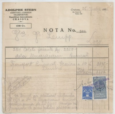 Romania, Adolphe Stern, Agentura - Comision, transporturi, Nota, Craiova, 1935 foto