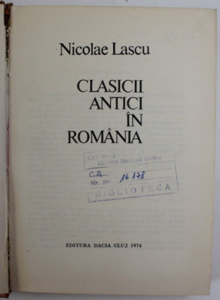 CLASICII ANTICI IN ROMANIA-NICOLAE LASCU CLUJ 1974