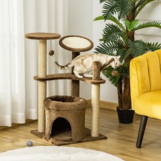 PawHut Arbore de zgariat pentru Pisici cu Stalpi din Franghie Sisal, Casuta si Perna, Husa din Plus, Inaltime 87 cm - Cafea foto