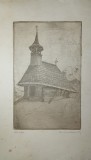 Gravură de Anton Kaindl cu biserica de lemn de la Nicula