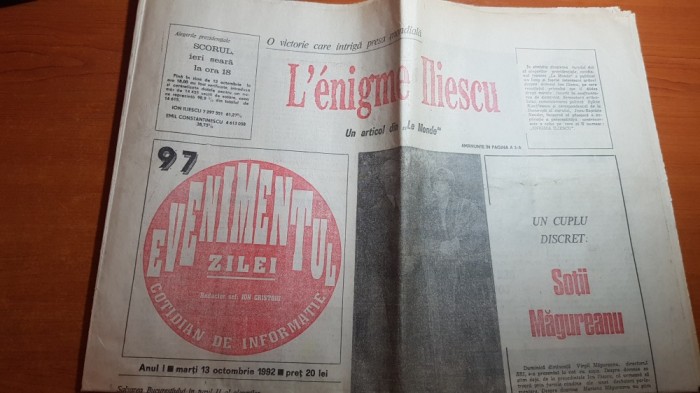 ziarul evenimentul zilei 13 octombrie 1992-iliescu la ora puterii supreme
