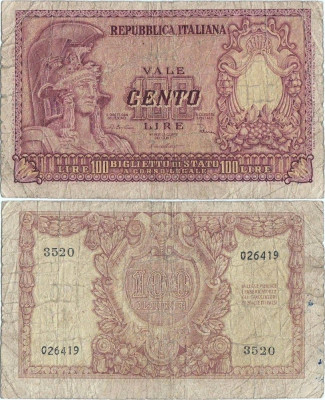 1951 (31 XII), 100 lire (P-92b) - Italia foto