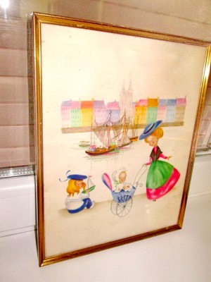 3664-Grafica comica-Femeie copii la tarm peisaj marin nave cladiri acuarela. foto