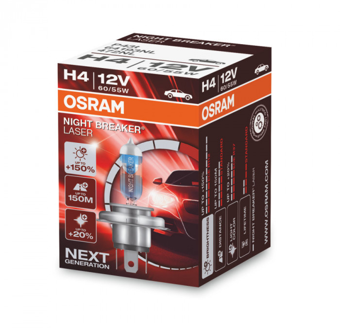 Set Becuri Halogen H4 Osram Night Breaker 150, 12V, 65/55W, 2 buc