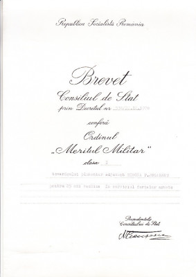 M3 C18 - 1970 - Brevet - Ordinul Meritul militar clasa I - a - RSR foto