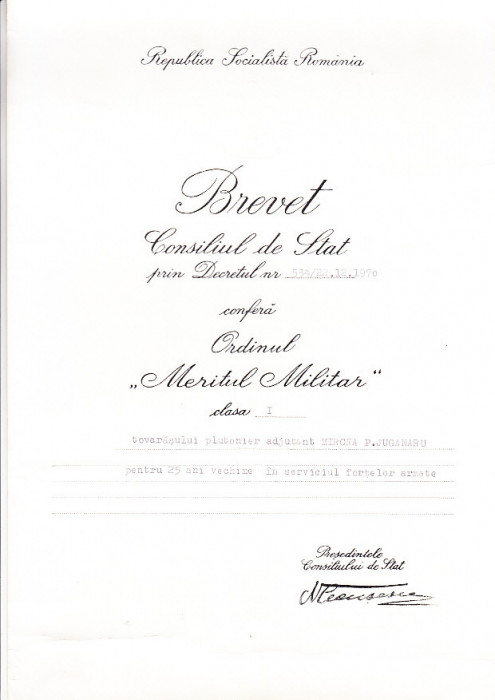 M3 C18 - 1970 - Brevet - Ordinul Meritul militar clasa I - a - RSR