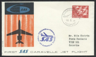 Sweden 1959 Aviation, Commemorative cover, First SAS Caravelle Jet Flight K.352 foto