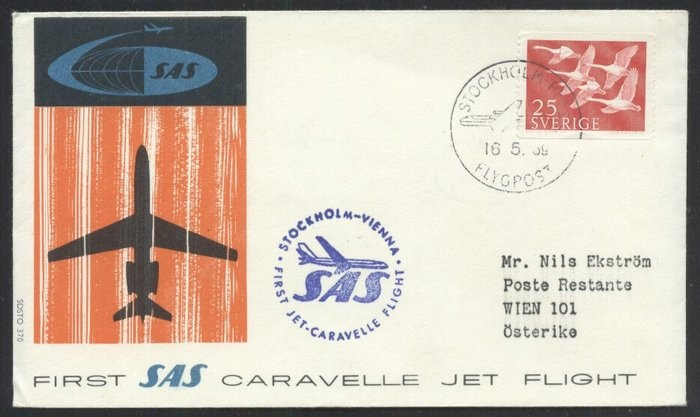 Sweden 1959 Aviation, Commemorative cover, First SAS Caravelle Jet Flight K.352