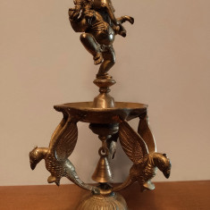 Superbă sculptura lampa antica indiana din bronz masiv Ganesha